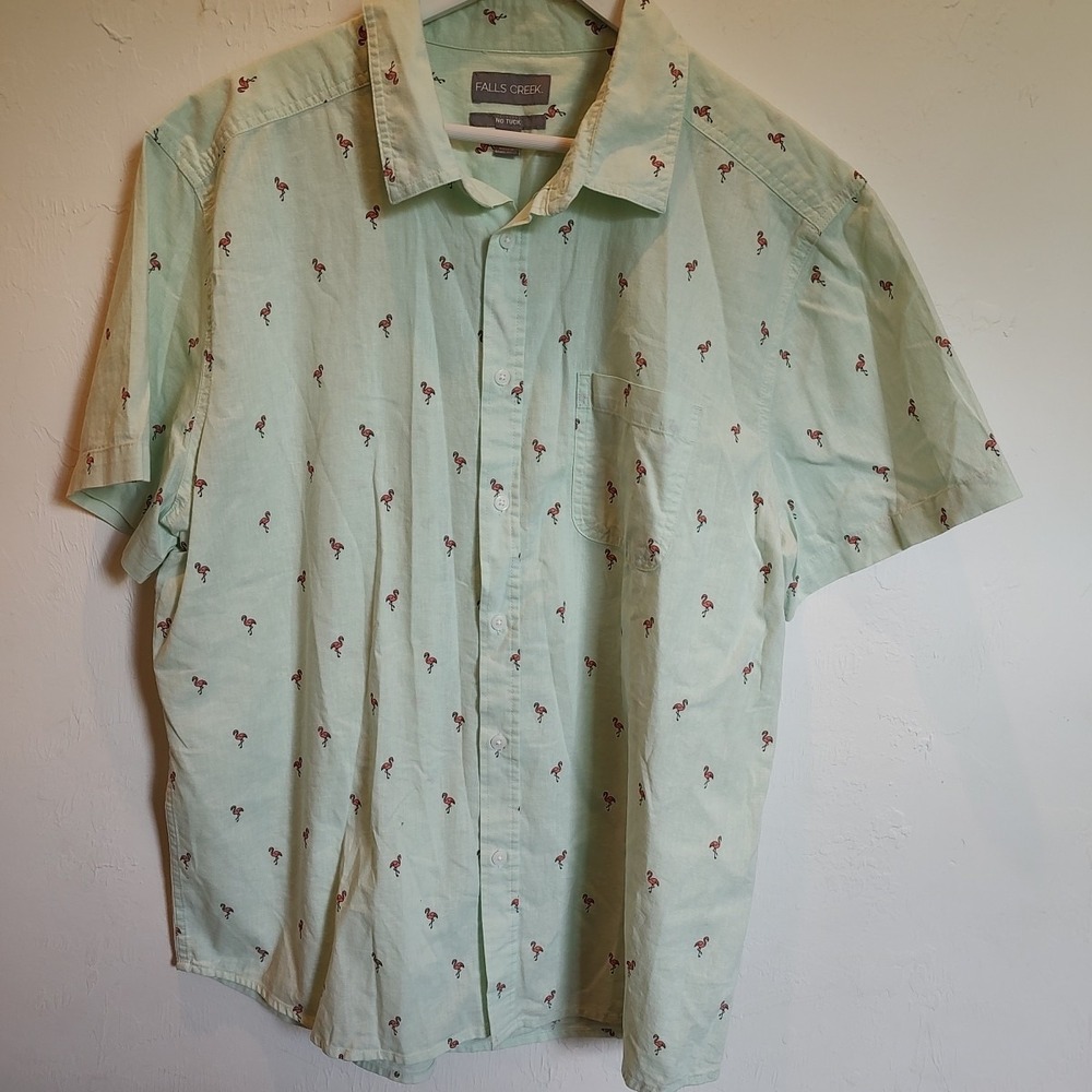 Falls Creek Button Down Shirt Mens Flamingos Short‎ Sleeve Cotton Linen Sz XL